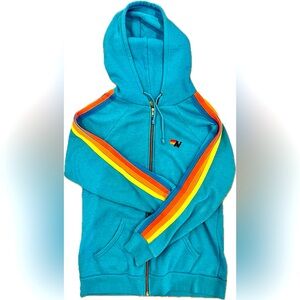 Aviator Nation Unisex 5 Stripe Hoodie - Neon Blue. Size L.